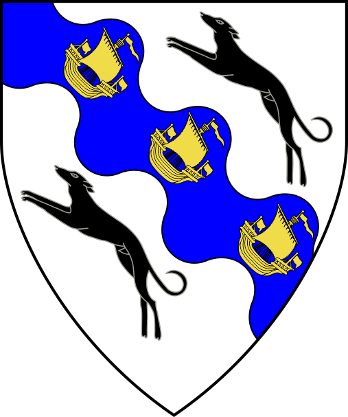 [Argent, on a bend wavy azure between two hounds salient sable three lymphads under sail bendwise sinister Or]