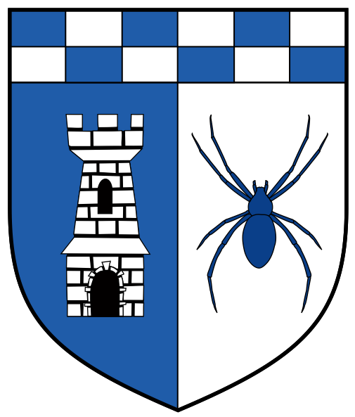 [Per pale azure and argent, a tower and a spider counterchanged and a chief counter-compony azure and argent]