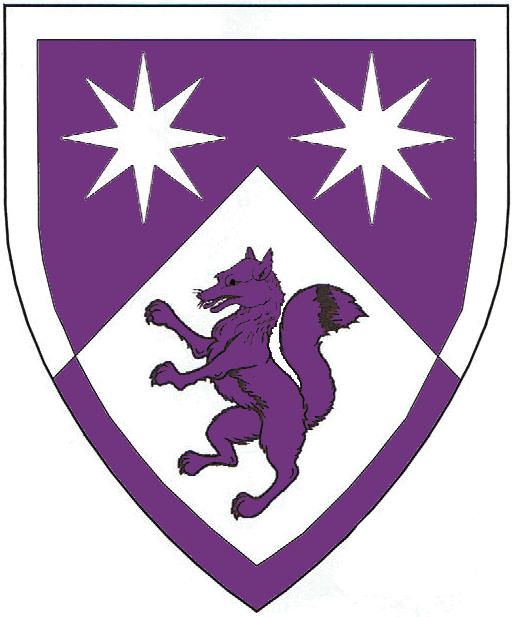 [Per chevron purpure and argent, two mullets of eight points and a fox rampant, a bordure counterchanged.	  ]