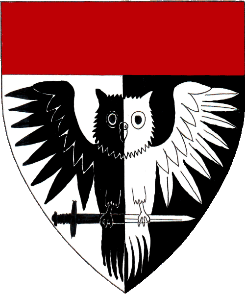 [Per pale argent and sable, an owl displayed maintaining in its claws a sword fesswise reversed counterchanged, a chief gules.]