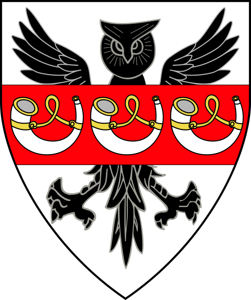 [Argent, an owl displayed sable, overall on a fess gules three hunting horns argent garnished and stringed Or]