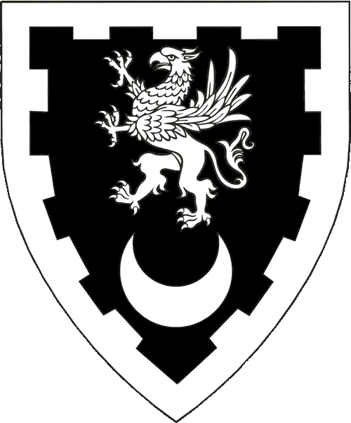 [Sable, in pale a griffin and a crescent, a bordure embattled argent.]