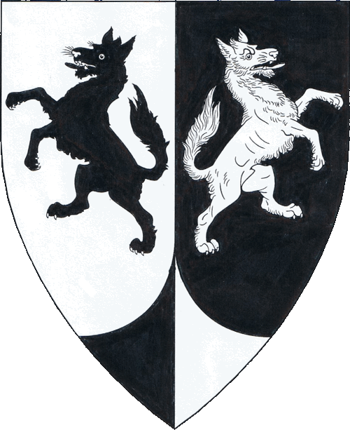 [Per pale argent and sable, two wolves rampant addorsed and a point pointed counterchanged.]