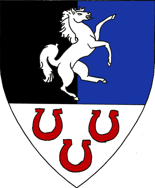 [Per pale sable and azure, a horse rampant contourny and on a base argent three horseshoes inverted gules.]