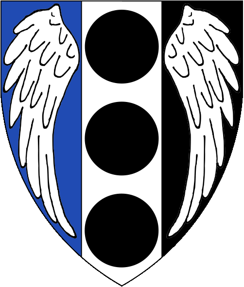 [Per pale azure and sable, on a pale between a pair of wings argent three pellets.]