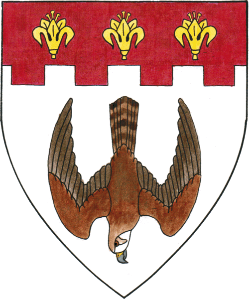 [Argent, a falcon migrant to base proper, on a chief embattled gules three lilies Or (reblazoned 06/2021)  	  ]