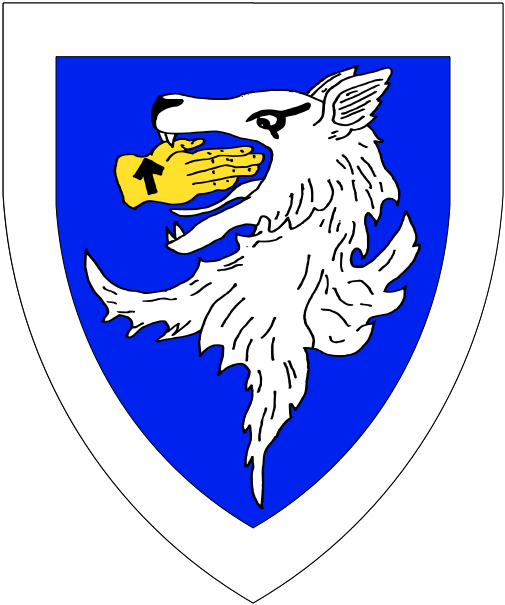 [Azure, a wolf's head erased argent maintaining in its mouth a hand aversant fesswise reversed Or charged with a Tyr rune sable, a bordure argent.]