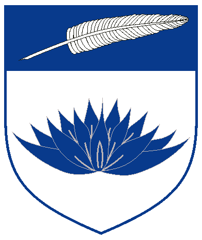 [Argent, a lotus blossom in profile and on a chief azure a quill pen argent	  ]