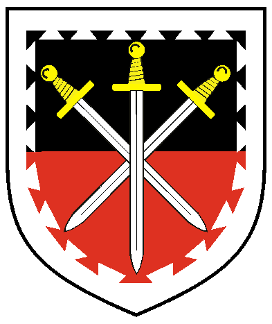 [Per fess sable and gules, two swords inverted in saltire surmounted by a sword inverted palewise, all proper, within a bordure dovetailed argent	  ]