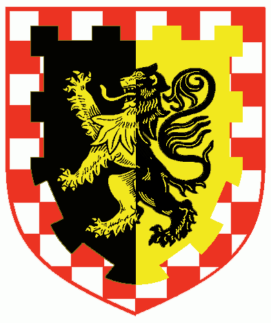 [Per pale Sable and Or, a lion rampant counterchanged and a bordure embattled checky argent and gules	  ]