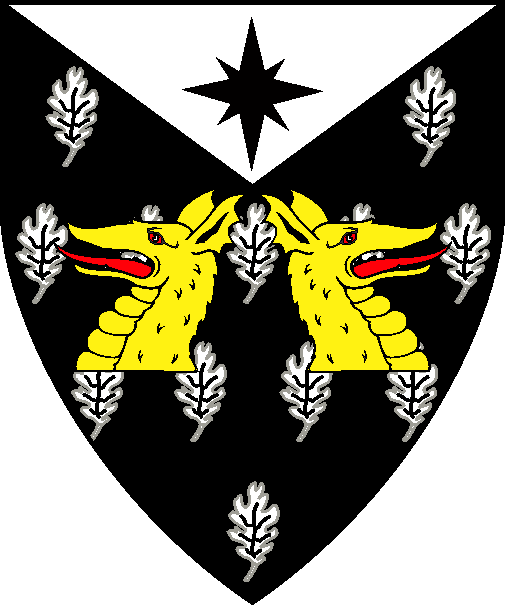 [Sable semy of oak leaves argent, two dragon's heads couped addorsed Or and on a chief triangular argent a compass star sable]