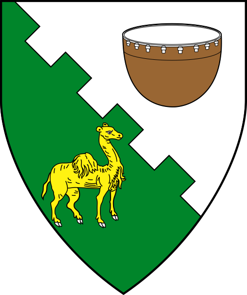 [Per bend embattled argent and vert, a wooden kettle drum proper headed argent and a camel statant contourny Or]