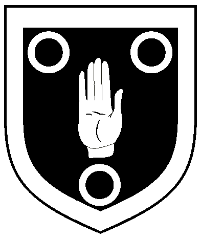 [Sable, a dexter hand appaumy couped between three annulets, all within a bordure argent	  ]