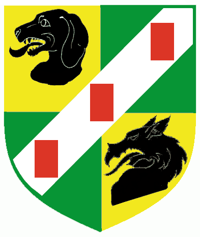 [Quarterly Or and vert, on a bend sinister argent between a dog's head couped and a tyger's head couped sable, three billets palewise gules	  ]