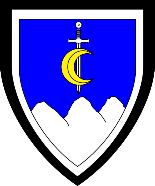 [Azure, a sword inverted argent surmounted by a decrescent Or, a mountain of three peaks argent, a bordure parted bordurewise argent and sable]