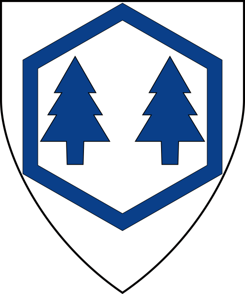 [Argent, in fess two pine trees couped within a hexagon voided azure.
  ]