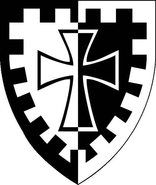[Per pale argent and sable, a Latin cross formy fimbriated and a bordure embattled counterchanged.]