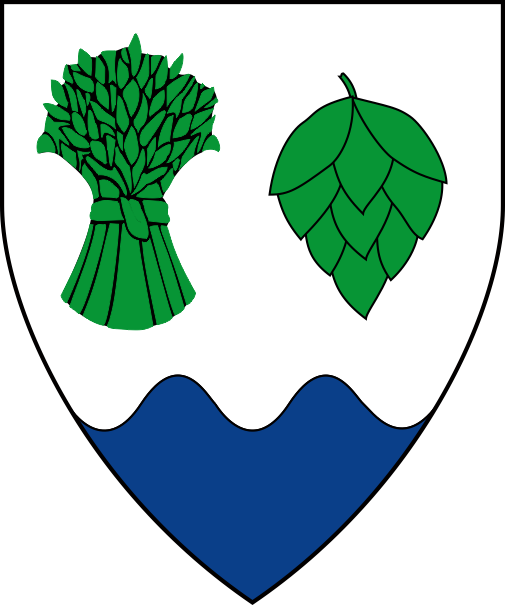 [Argent, in fess a garb and a hop cone vert, a base wavy azure]