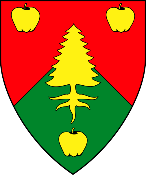 [Per chevron gules and vert, a pine tree between three apples Or]