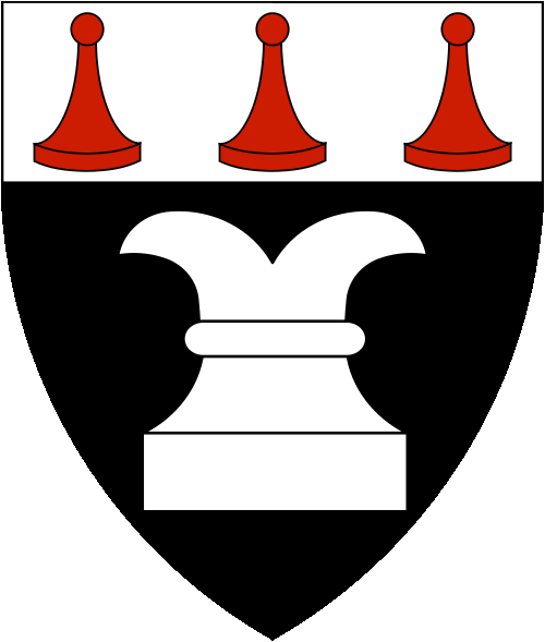 [Sable, a chess rook and on a chief argent, three chess pawns gules.]