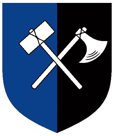 [	  Per pale azure and sable, a mallet and an axe in saltire argent.]