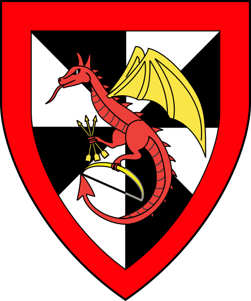 [Gyronny sable and argent, a wyvern erect gules winged maintaining a sheaf of arrows inverted and a bow Or, a bordure gules]