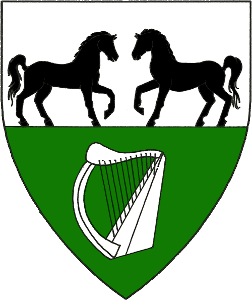 [Per fess argent and vert, two horses passant respectant atop the line of division sable and a harp argent.]