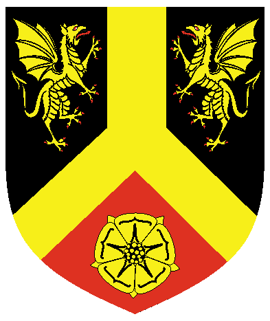 [Per chevron sable and gules, a pall inverted between two dragons combattant and a rose Or	  ]