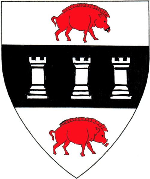 [Argent, on a fess sable between two boars statant contourny gules three towers argent.]