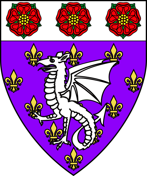 [Purpure semy-de-lys Or, a wyvern erect with one foot raised and on a chief argent three roses proper]