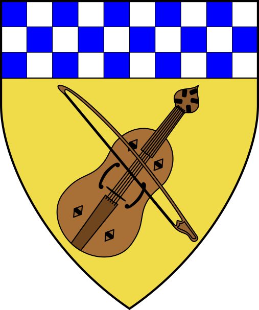 [Or, in saltire a vielle bow and a vielle proper, a chief checky azure and argent]