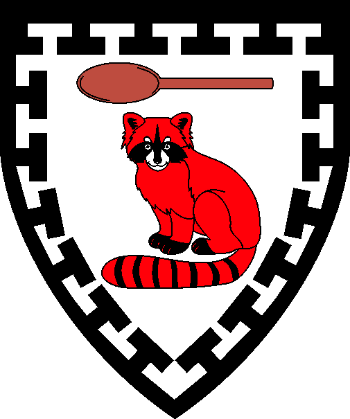 [Argent, a raccoon sejant guardant gules marked sable and argent, in chief a wooden spoon fesswise proper, a bordure potenty sable]