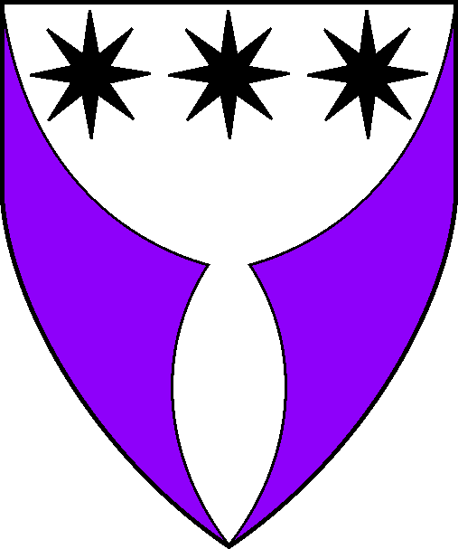 [Argent, in chief three mullets of eight points sable, two gores purpure.]