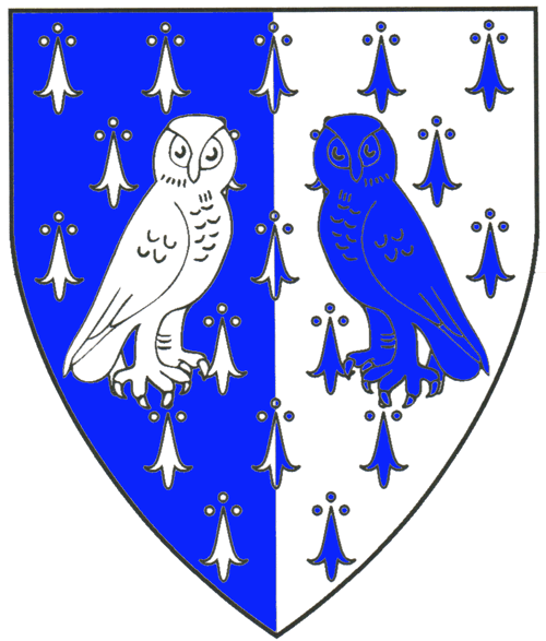 [Per pale azure ermined argent and argent ermined azure, two owls respectant counterchanged argent and azure.]