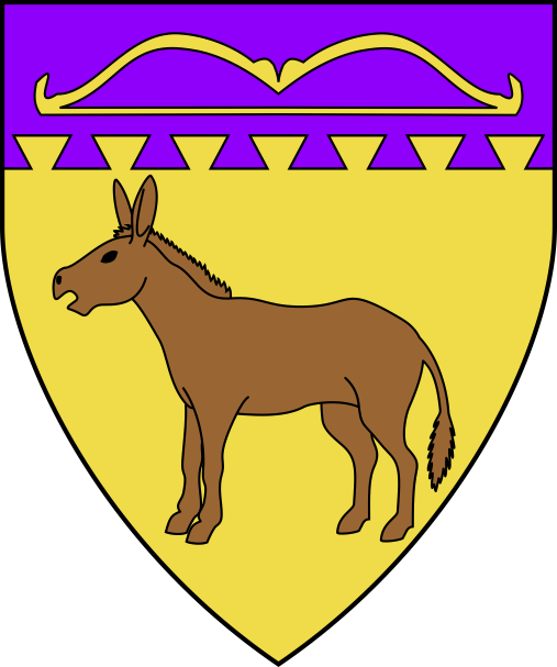 [Or, a brown ass statant proper and on a chief dovetailed purpure a bow Or]