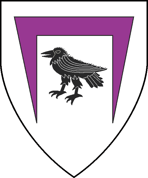 [Argent, a corbie sable within a staple purpure]