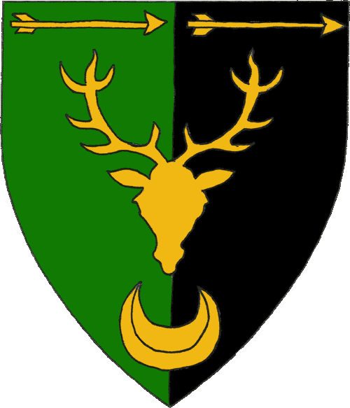[Per pale vert and sable, a stag's head cabossed between two arrows fesswise and a crescent Or.]