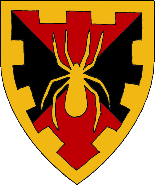 [Per saltire gules and sable, a spider and a bordure embattled Or.]