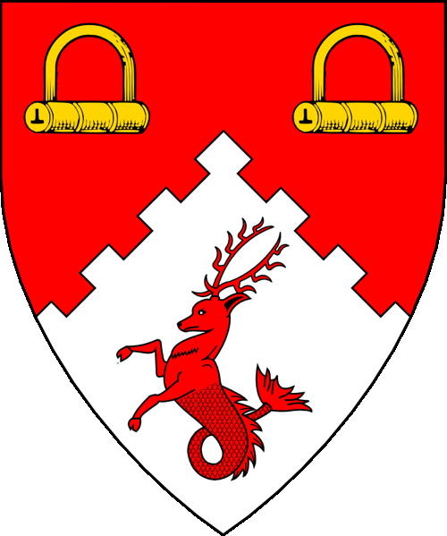 [Per chevron embattled gules and argent, two fetterlocks Or and a sea-stag gules.	  ]