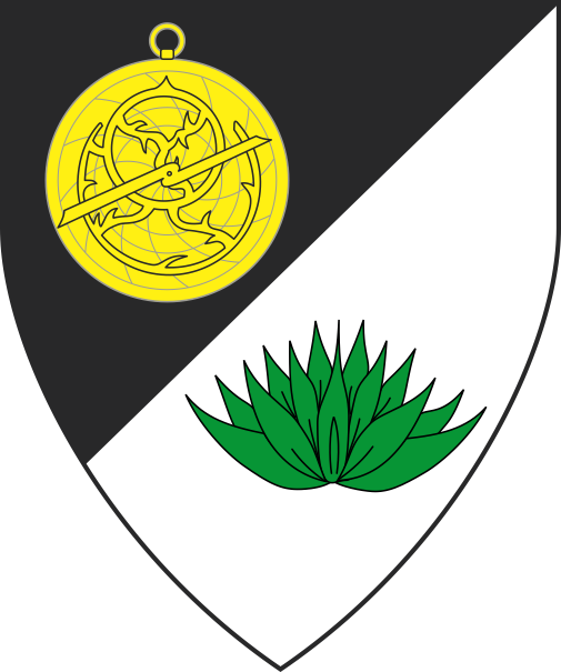 [Per bend sinister sable and argent, an astrolabe Or and a lotus in profile vert]