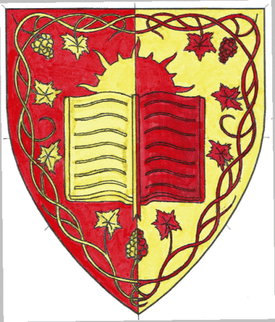[Per pale gules and Or, issuant from an open book a demi-sun within an orle of grape vines fructed and leaved counterchanged]