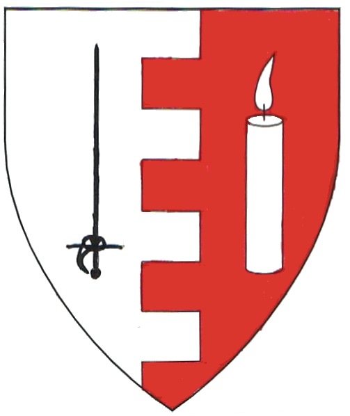 [Per pale embattled argent and gules, a rapier sable and a lit candle argent]