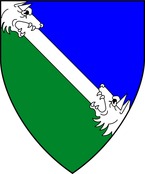 [Per bend azure and vert, a bend engouled of two wolf's heads argent]