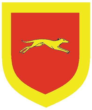 [Gules, a greyhound courant to sinister within a bordure Or.
  ]