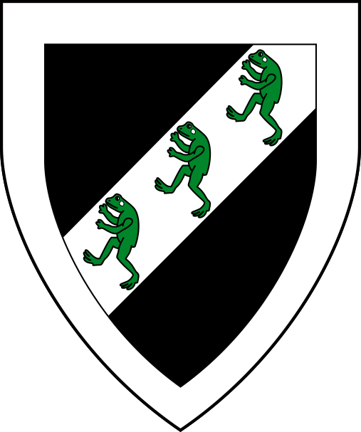 [Sable, on a bend sinister argent three frogs rampant palewise vert, a bordure argent]
