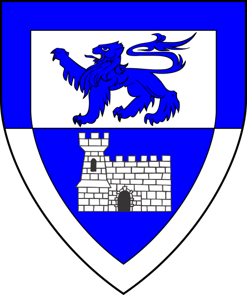 [Per fess argent and azure, a lion passant and a tower conjoined to sinister with a wall, all within a bordure counterchanged]