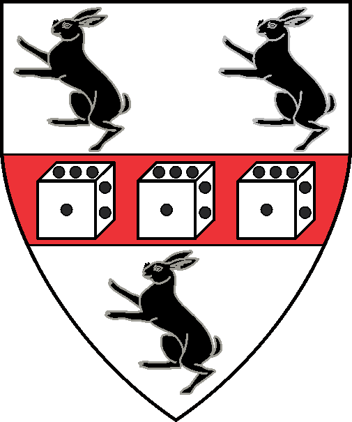 [Argent, on a fess gules between three hares rampant sable three dice argent spotted sable]