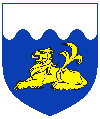 [	  Azure, a lion couchant Or and a chief wavy argent]