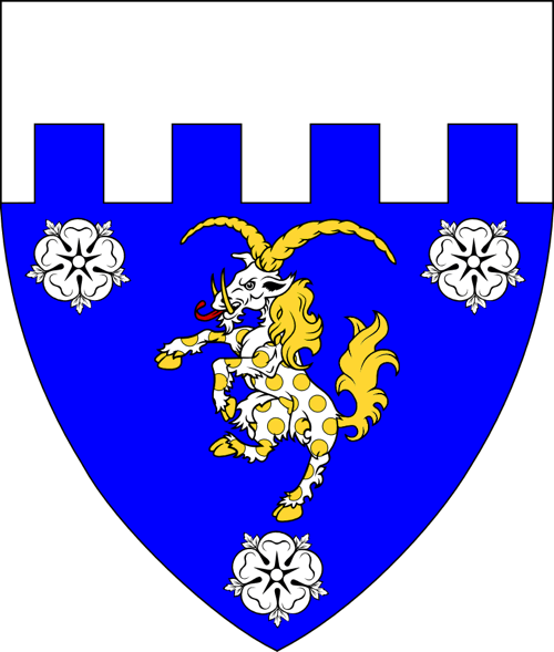 [Azure, a Beaufort yale argent bezanty crined and armed Or between three roses, a chief embattled argent.]