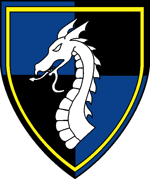 [Quarterly azure and sable, a dragon's head couped argent and an orle Or]
